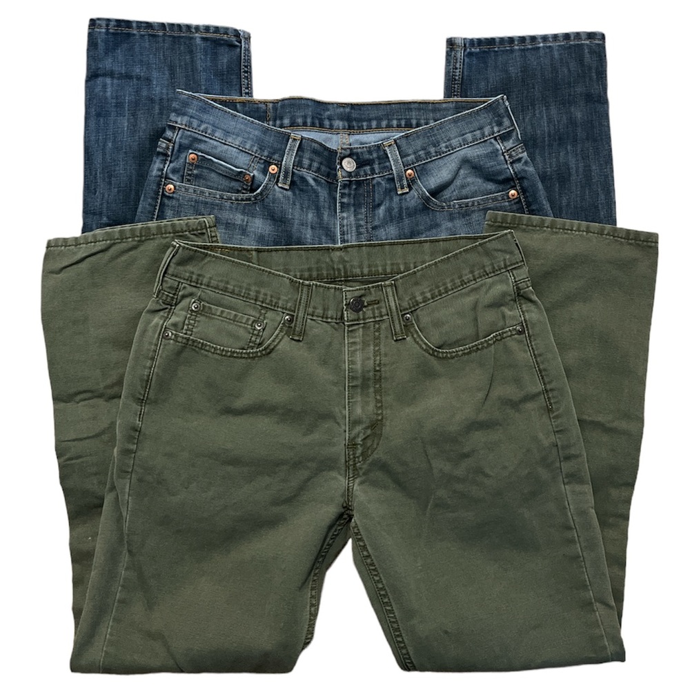Levi Stratus Men Zip Fly 514s - Olive Green & Stonewashed Blue Denim Jeans 32x30